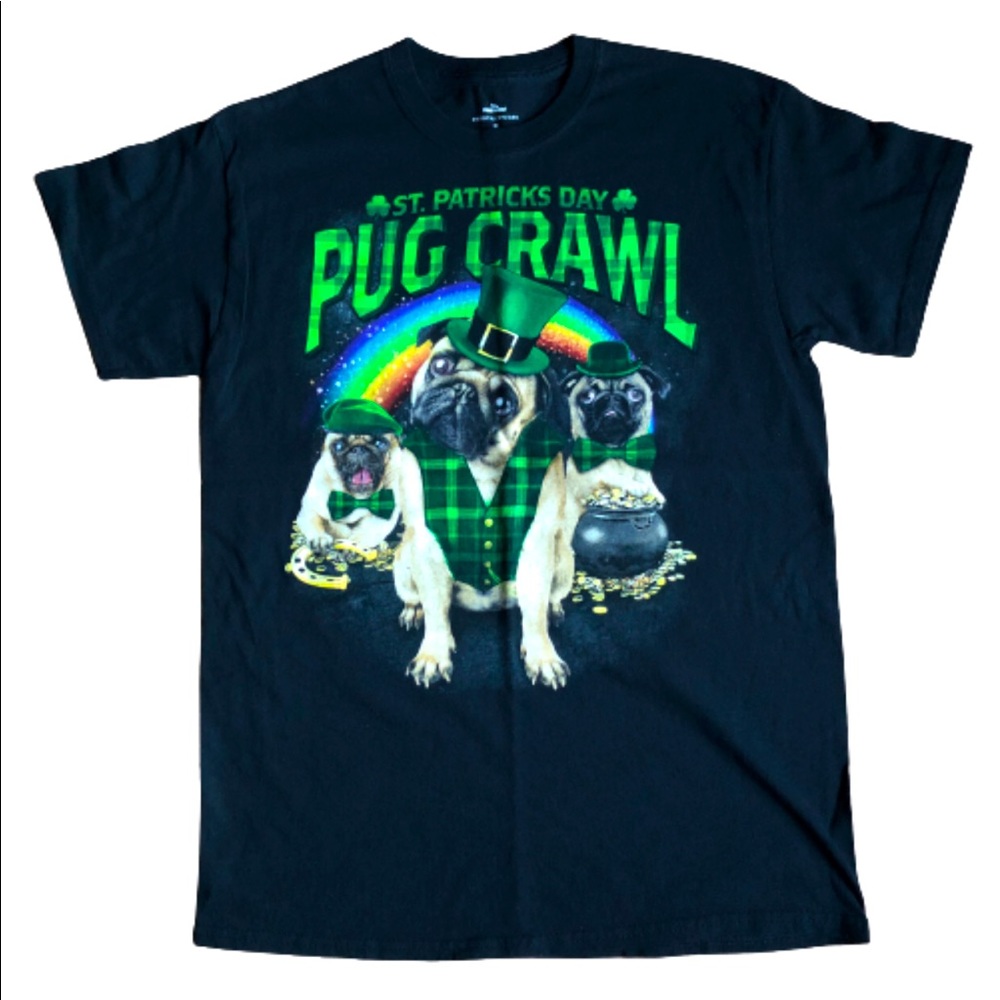 ST. PATRICK'S DAY PUG CRAWL Tee Shirt Short Sleeve Black Medium UNISEX